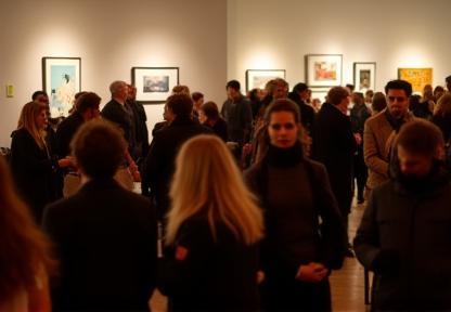 美術展のオープニングに集まった人々、イベントプロモーションを表す